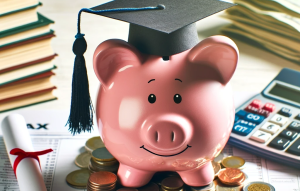 Alcancía con birrete de graduación sobre monedas, simbolizando la educación financiera.