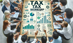 Grupo diverso colaborando en un taller de impuestos, analizando documentos fiscales.