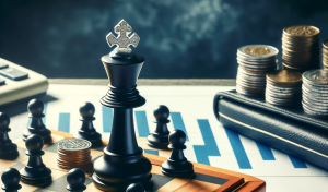 Tablero de ajedrez con el rey y monedas, simbolizando la planificación fiscal estratégica.