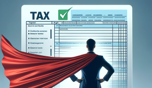 Individuo seguro frente a una pantalla con formularios fiscales, con capa de superhéroe.