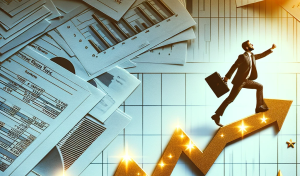 Profesional ascendiendo en una línea de gráfico de crecimiento, reflejando el avance de carrera por conocimiento tributario.